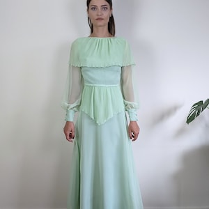 Vintage 1970s John Charles pastel mint green maxi chiffon dress size S/XS sheer bell sleeves cape collar image 7