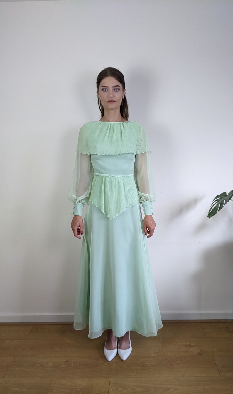 Vintage 1970s John Charles pastel mint green maxi chiffon dress size S/XS sheer bell sleeves cape collar image 7