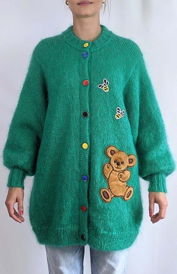 L vest met schattige teddybeer applique en satijnen knopen maat S Vintage jaren 1990 smaragdgroen mohair vest Kleding Dameskleding Sweaters Vesten 