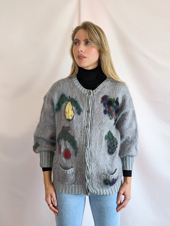 Buy 90s Vintage Hand Knitted Light Grey Mohair Cardigan With Fruit  