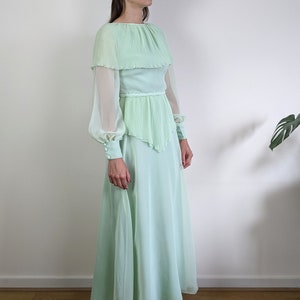 Vintage 1970s John Charles pastel mint green maxi chiffon dress size S/XS sheer bell sleeves cape collar image 6