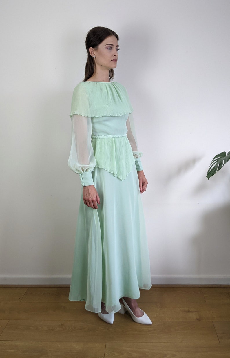 Vintage 1970s John Charles pastel mint green maxi chiffon dress size S/XS sheer bell sleeves cape collar image 6