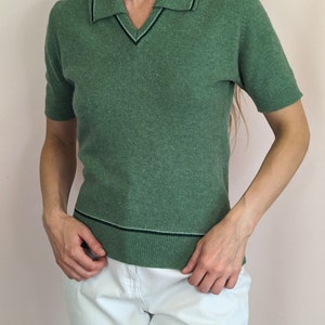 70s vintage short sleeve knitted sweater top/ dusty green/ collared/ MOD/ casual/ preppy/ wool/ angora size S image 9