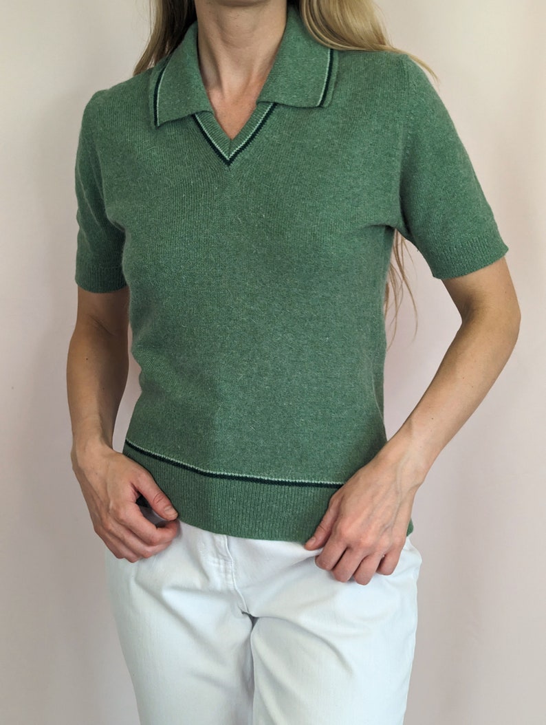 70s vintage short sleeve knitted sweater top/ dusty green/ collared/ MOD/ casual/ preppy/ wool/ angora size S image 9