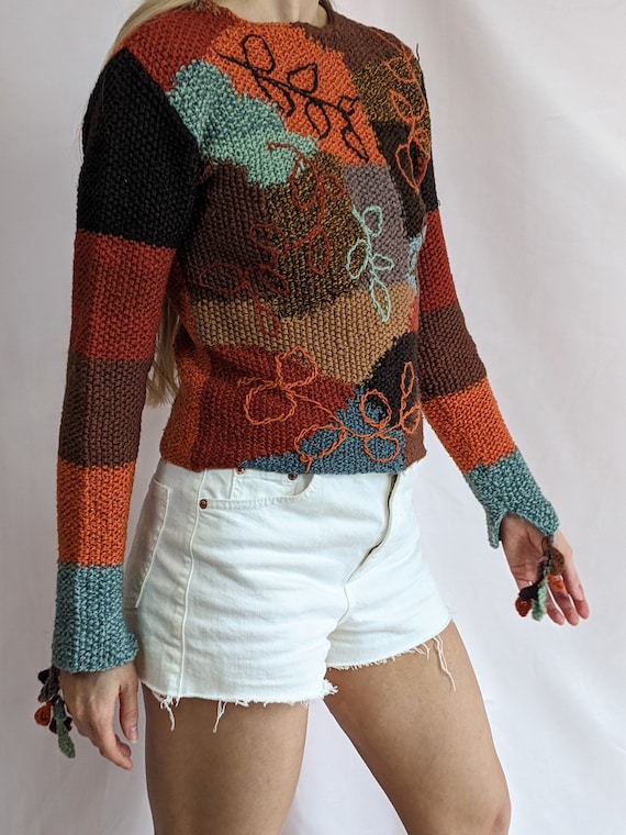 True vintage 1990s hand knitted wool blend patchw… - image 6