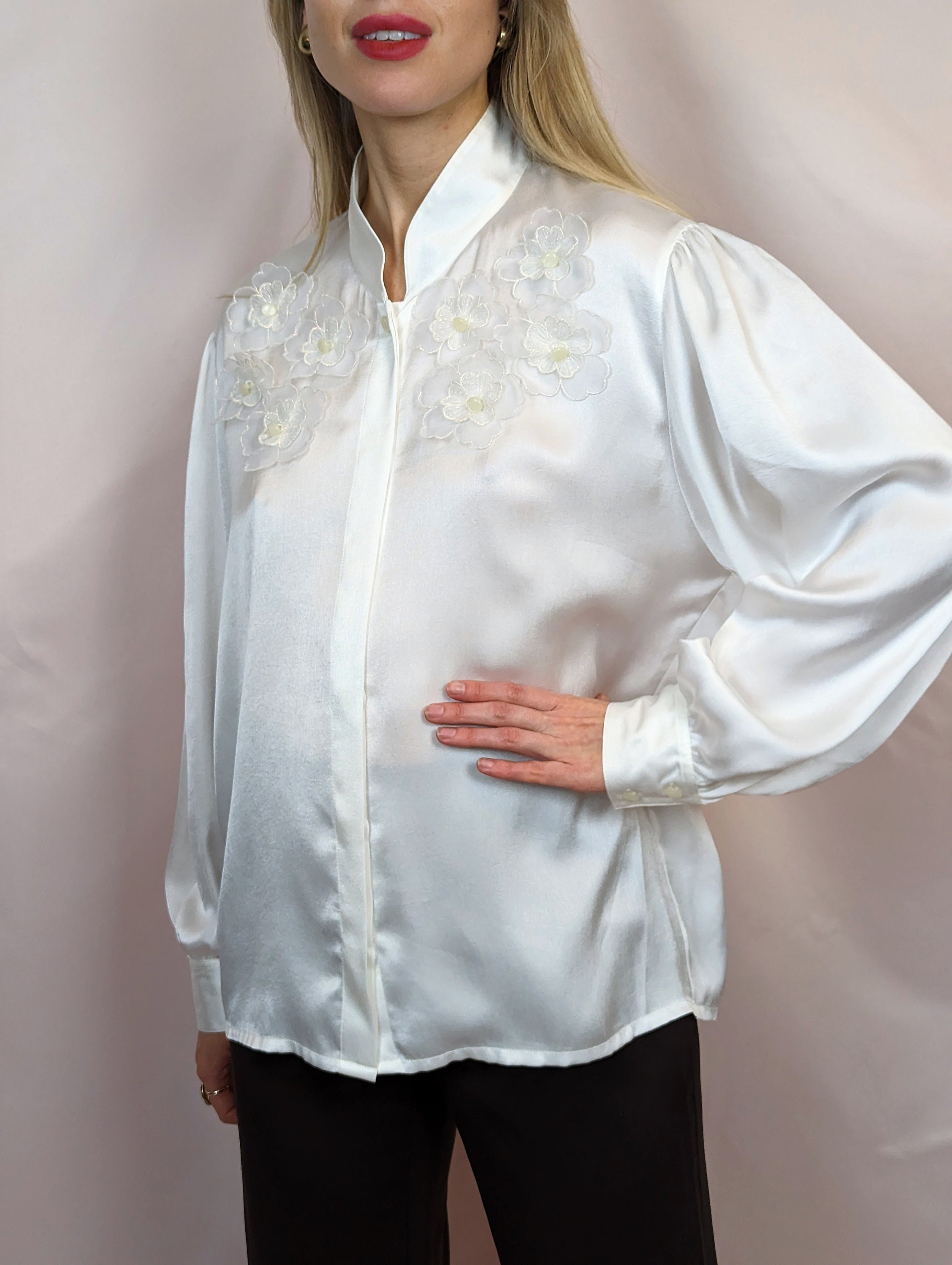 True Vintage 1980s Romantic White Satin Button Up Blouse With Bishop True Vintage 1980s Romantic White Satin Button Up Blouse With Bishop