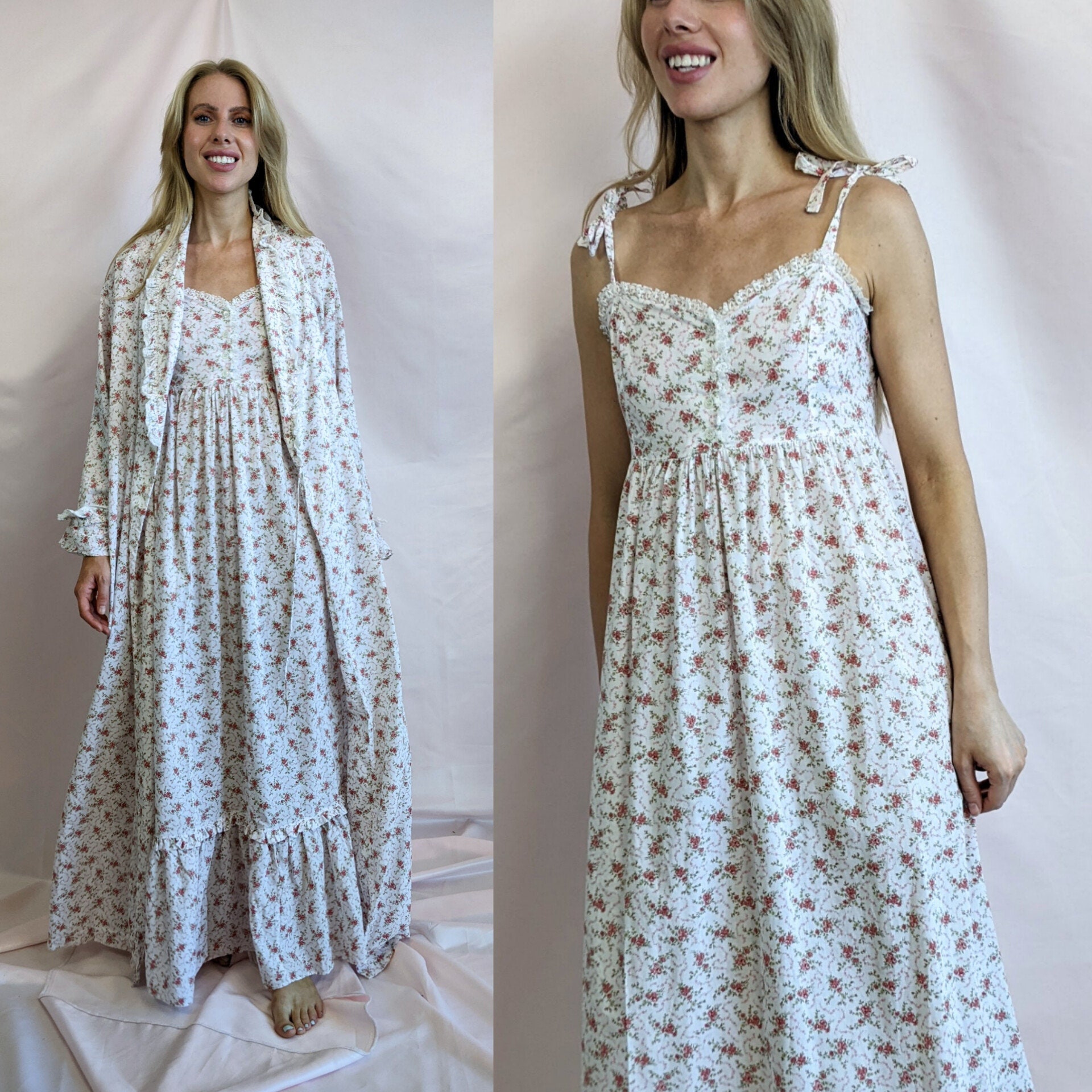 Vintage 1990s 100% Cotton Laura Ashley White Floral Pyjamas Set Long  Sleeping Gown and Matching Robe Size S 