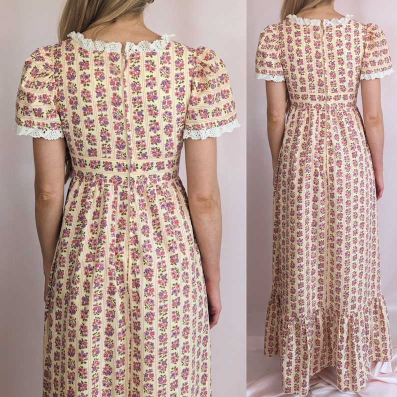 70s vintage Sherman of London maxi puffy sleeve romantic floral dress/ cotton/ Summer/ cottagecore/ lace trims/ A line/ size XS image 9