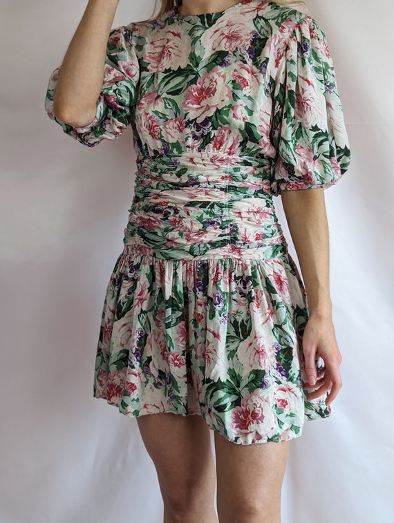 80s silk vintage multicolour mini floral dress/ p… - image 10