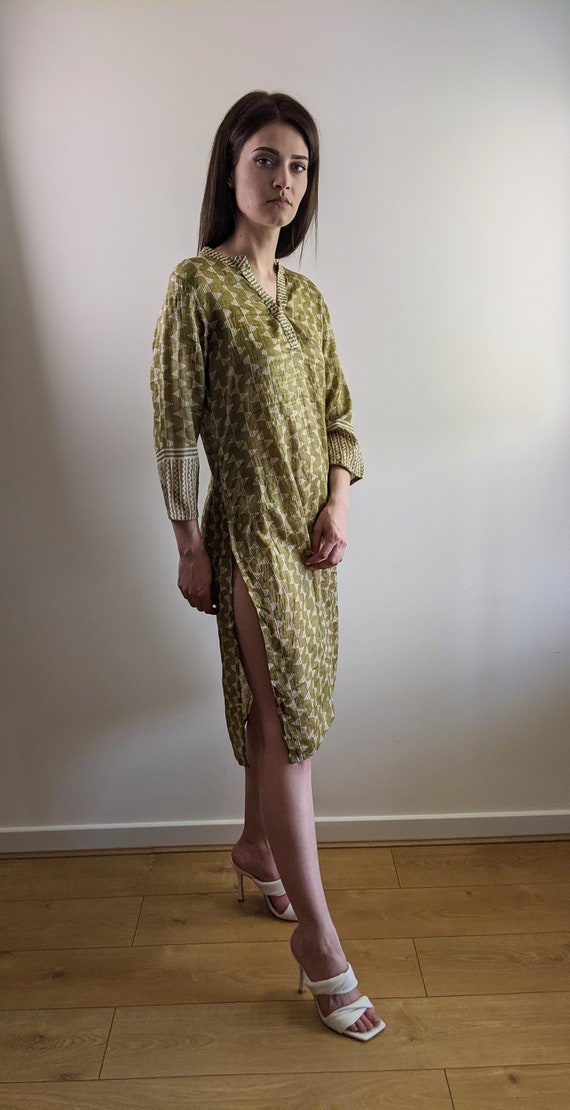 Vintage 1960s style kaftan silk dress olive green… - image 3