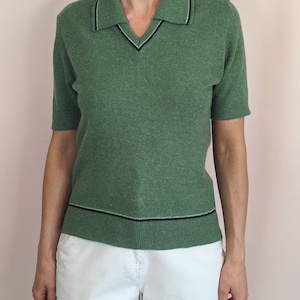 70s vintage short sleeve knitted sweater top/ dusty green/ collared/ MOD/ casual/ preppy/ wool/ angora size S image 2