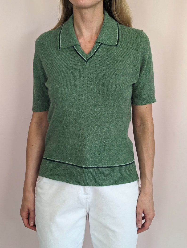 70s vintage short sleeve knitted sweater top/ dusty green/ collared/ MOD/ casual/ preppy/ wool/ angora size S image 2