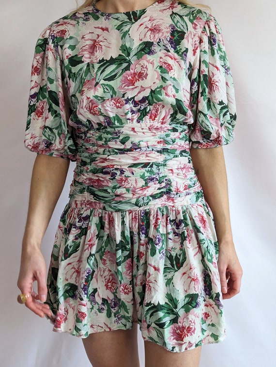 80s silk vintage multicolour mini floral dress/ p… - image 9