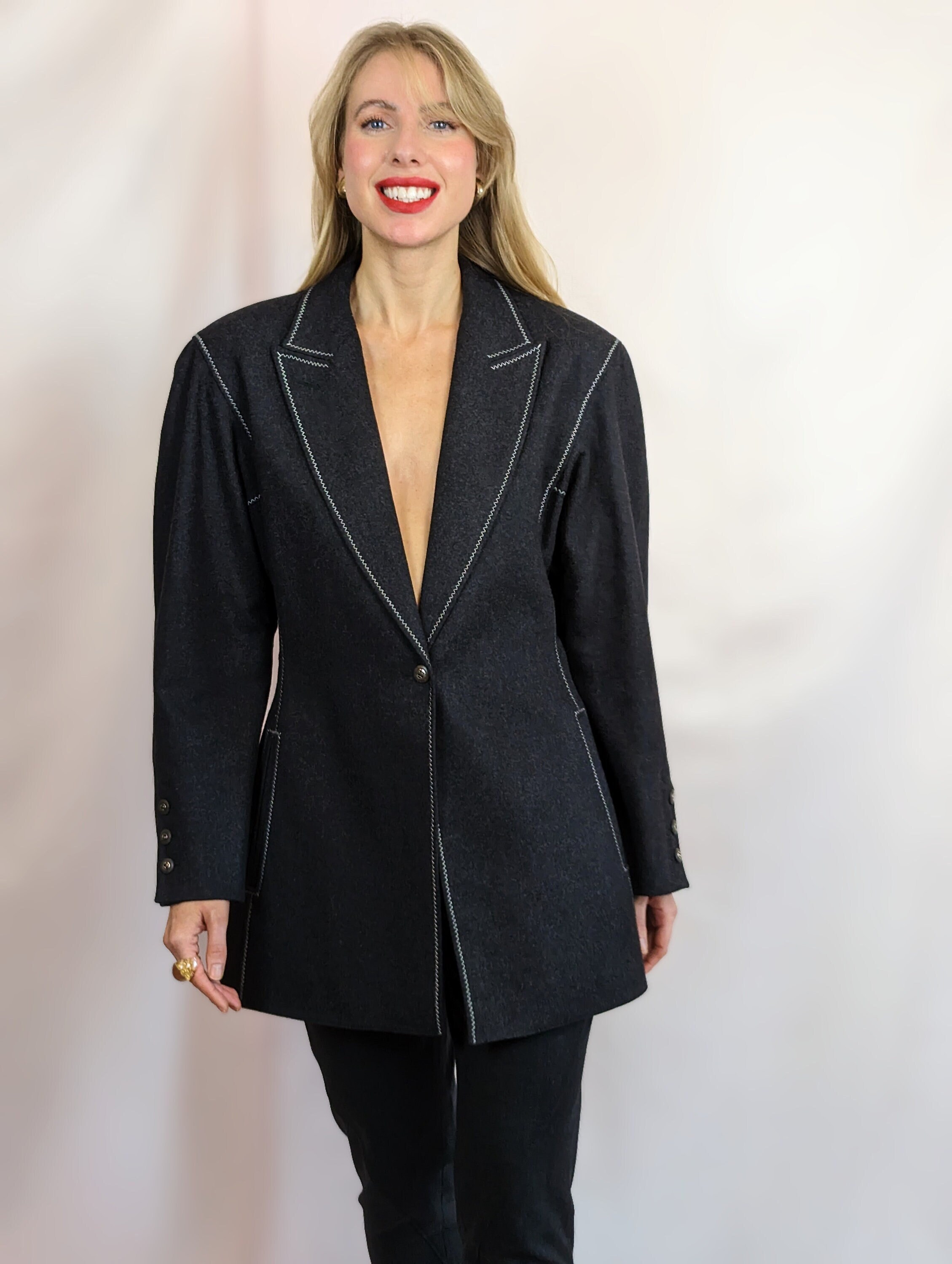 90s Vintage Claude Montana Tailored Highlighted Waistline Grey