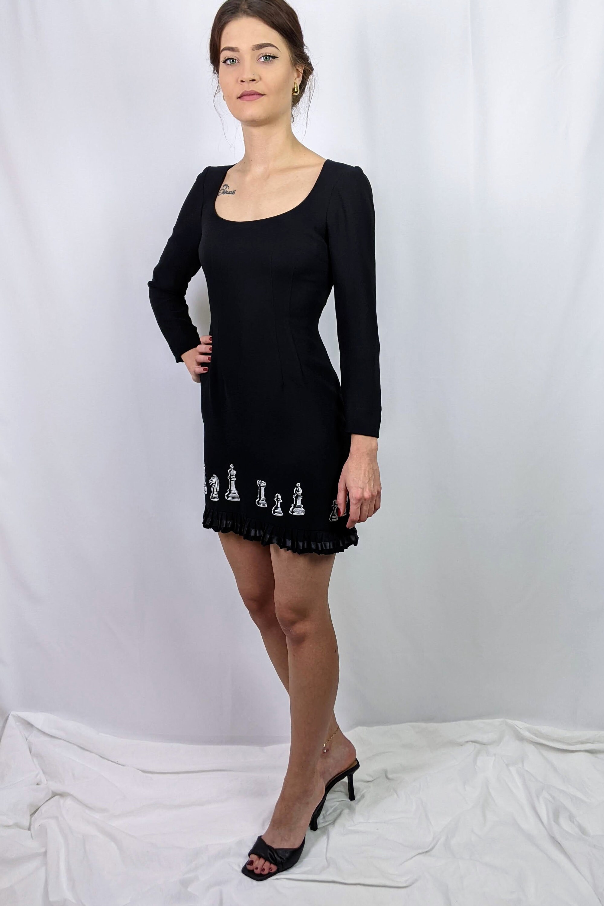 nicole miller little black dress Vintage 1990s Mini Cocktail With Chess Embroidery Size S nicole miller little black dress