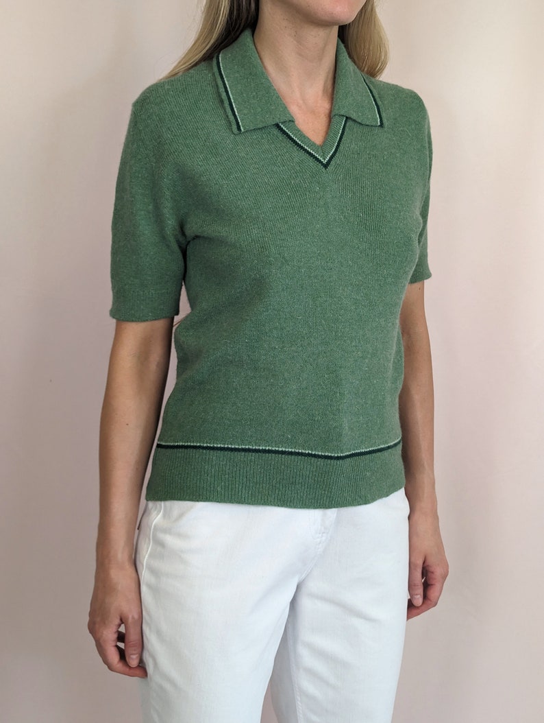 70s vintage short sleeve knitted sweater top/ dusty green/ collared/ MOD/ casual/ preppy/ wool/ angora size S image 3