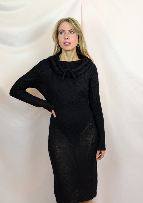 y2k 00s vintage mohair blend knitted semi sheer Black sweater dress/ bodycon/ midi/ fitted/ minimalist/ bold/ casual size S