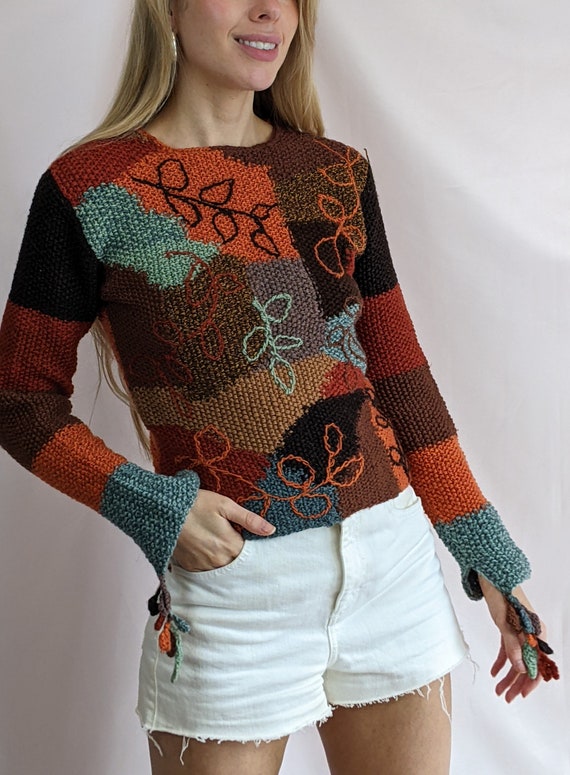 True vintage 1990s hand knitted wool blend patchw… - image 3