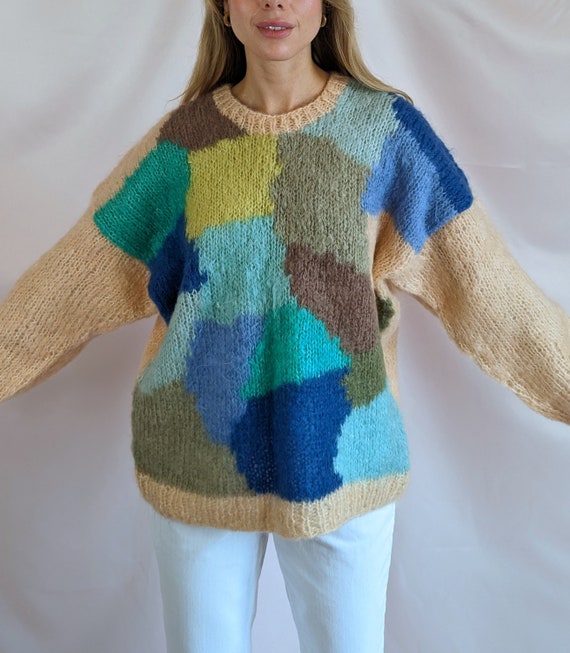 Vintage 90s Hand Knitted Mohair Oversize Shaggy Boxy Pastel
