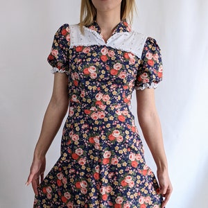 True vintage 1970s rose print maxi puff sleeve romantic dress 100% cotton size S