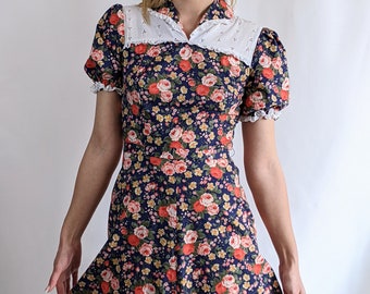 True vintage 1970s rose print maxi puff sleeve romantic dress 100% cotton size S