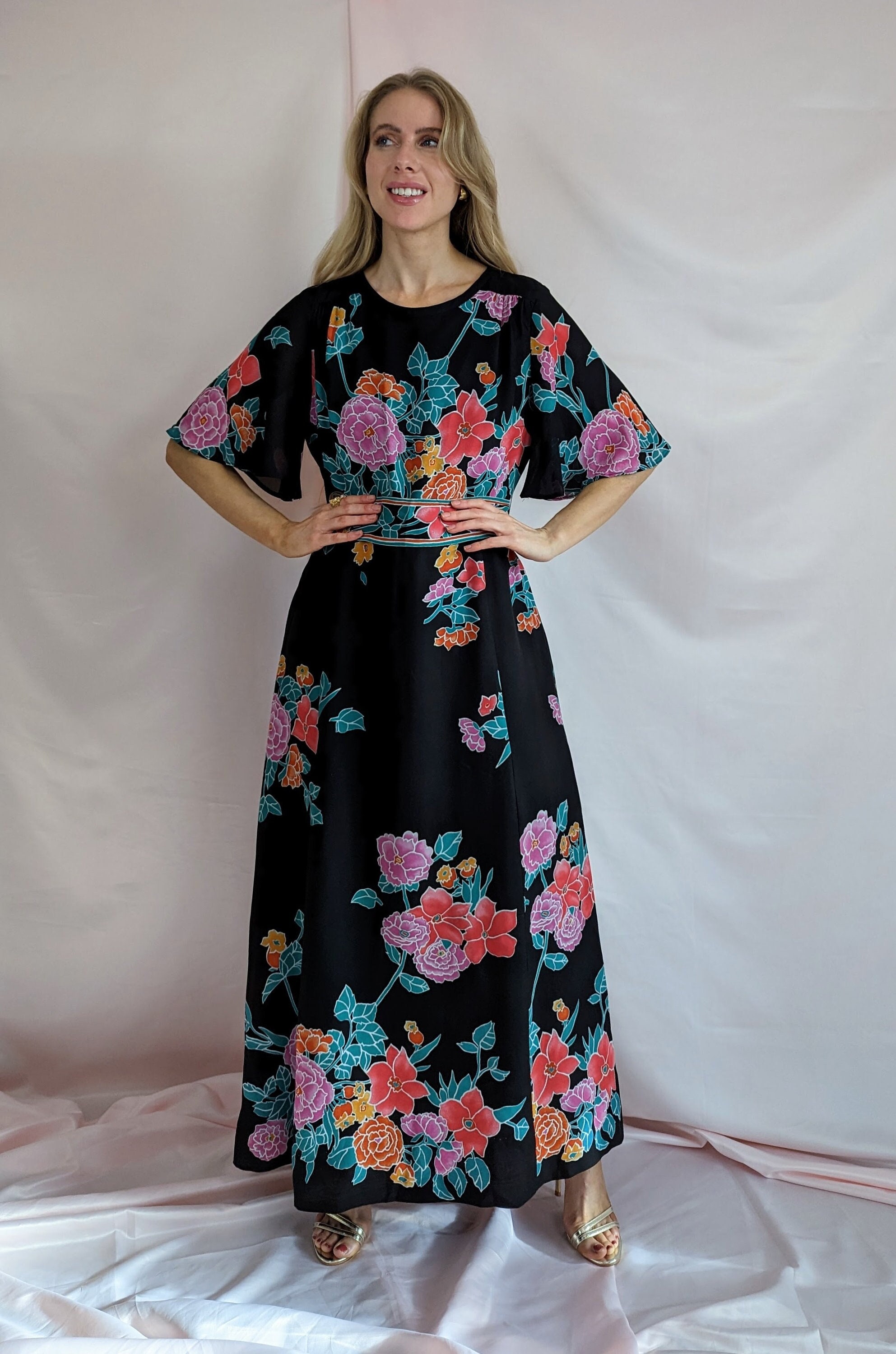 70s flutter sleeve A line maxi hostess floral dress chic Summer party size S/M
