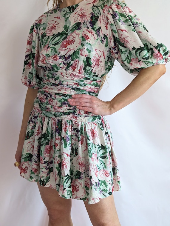 80s silk vintage multicolour mini floral dress/ p… - image 6