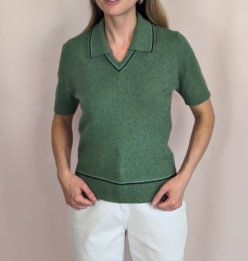 70s vintage short sleeve knitted sweater top/ dusty green/ collared/ MOD/ casual/ preppy/ wool/ angora size S image 1