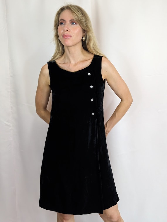 RARE 60s Louis Feraud at Rembrandt real velvet Black knee length A line dress with diamante buttons/ MOD/ glam/ chic/ size S/M