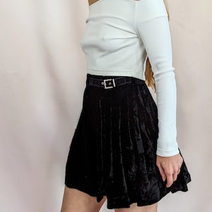 y2k 00s vintage Blumarine black velvet mini pleated skirt with diamante buckle/ high waist/ school girl/ glam/ chic/ rayon/ size S image 6