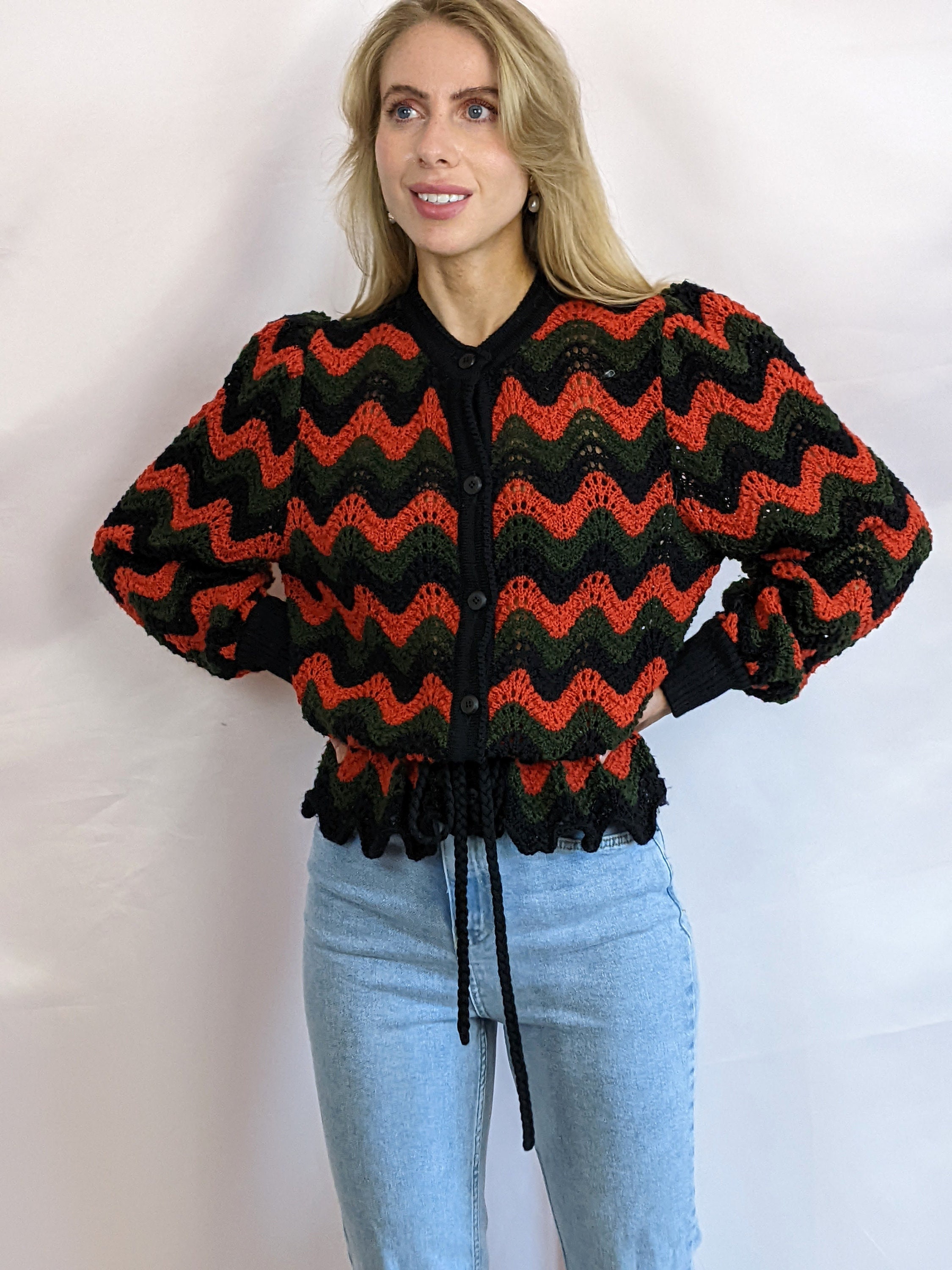 True Vintage 1980s Hand Knitted Zig Zag Green Black Orange True Vintage 1980s Hand Knitted Zig Zag Green Black Orange