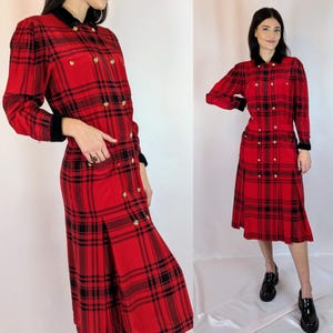 80s vintage Louis Feraud silk midi tartan check dress/ elegant/ festive/ upcycled/ chic/ tailored/ collared/ velvet trims/ size S/M