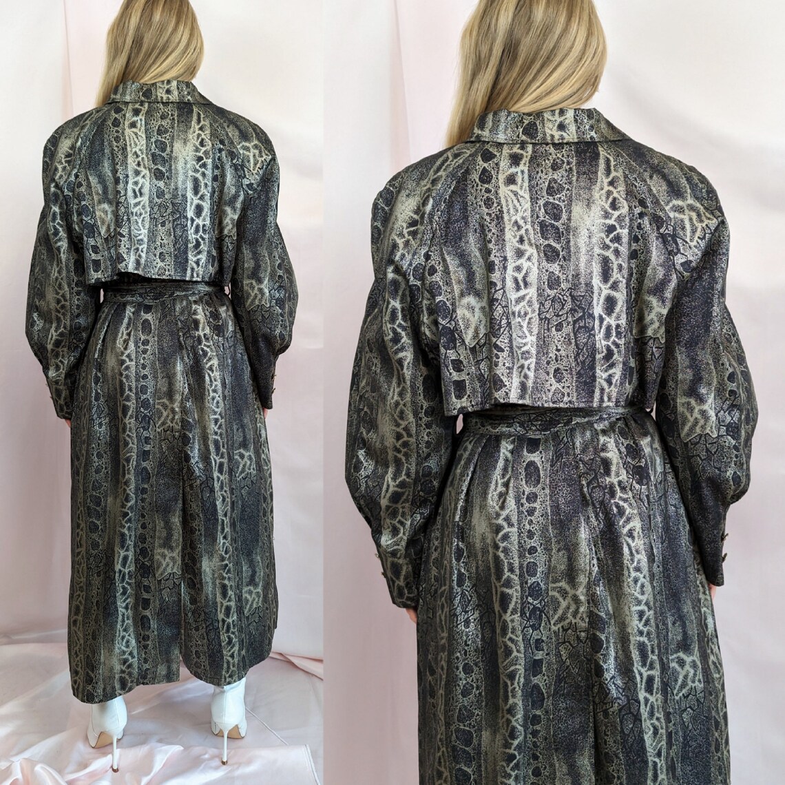 RARE True Vintage 1980s Snake Pattern Silver Grey and Black Maxi Trench ...
