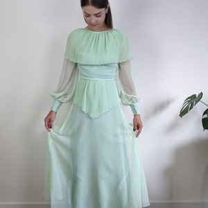 Vintage 1970s John Charles pastel mint green maxi chiffon dress size S/XS sheer bell sleeves cape collar image 5