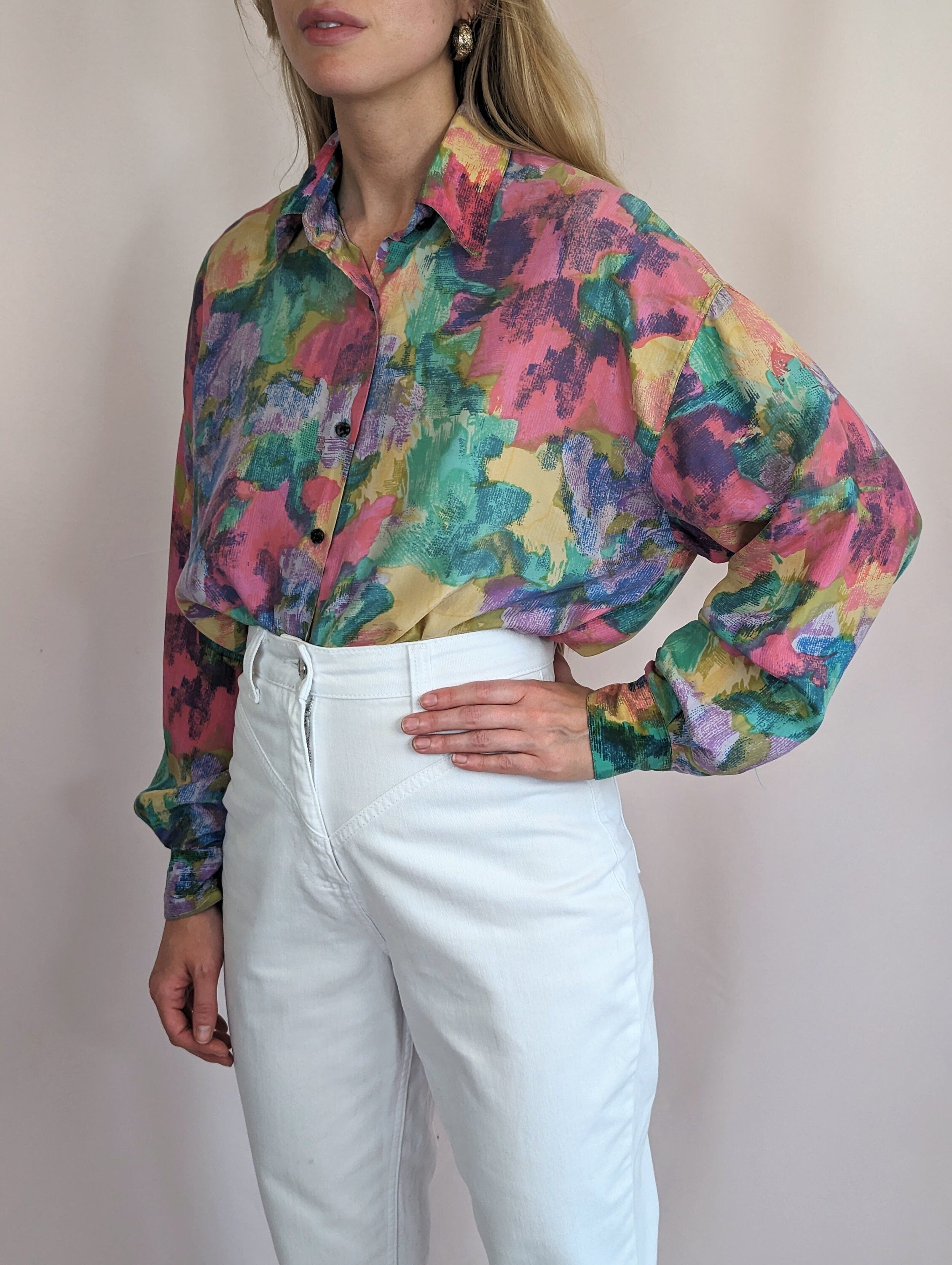 90s Vintage 100% Silk Multicolour Abstract Long Sleeve 90s Vintage 100% Silk Multicolour Abstract Long Sleeve