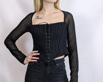 トップス VINTAGE RIBBED CORSET TOP LONG SLEEVE Rib Long Sleeve Corset Style Top | boohoo NO