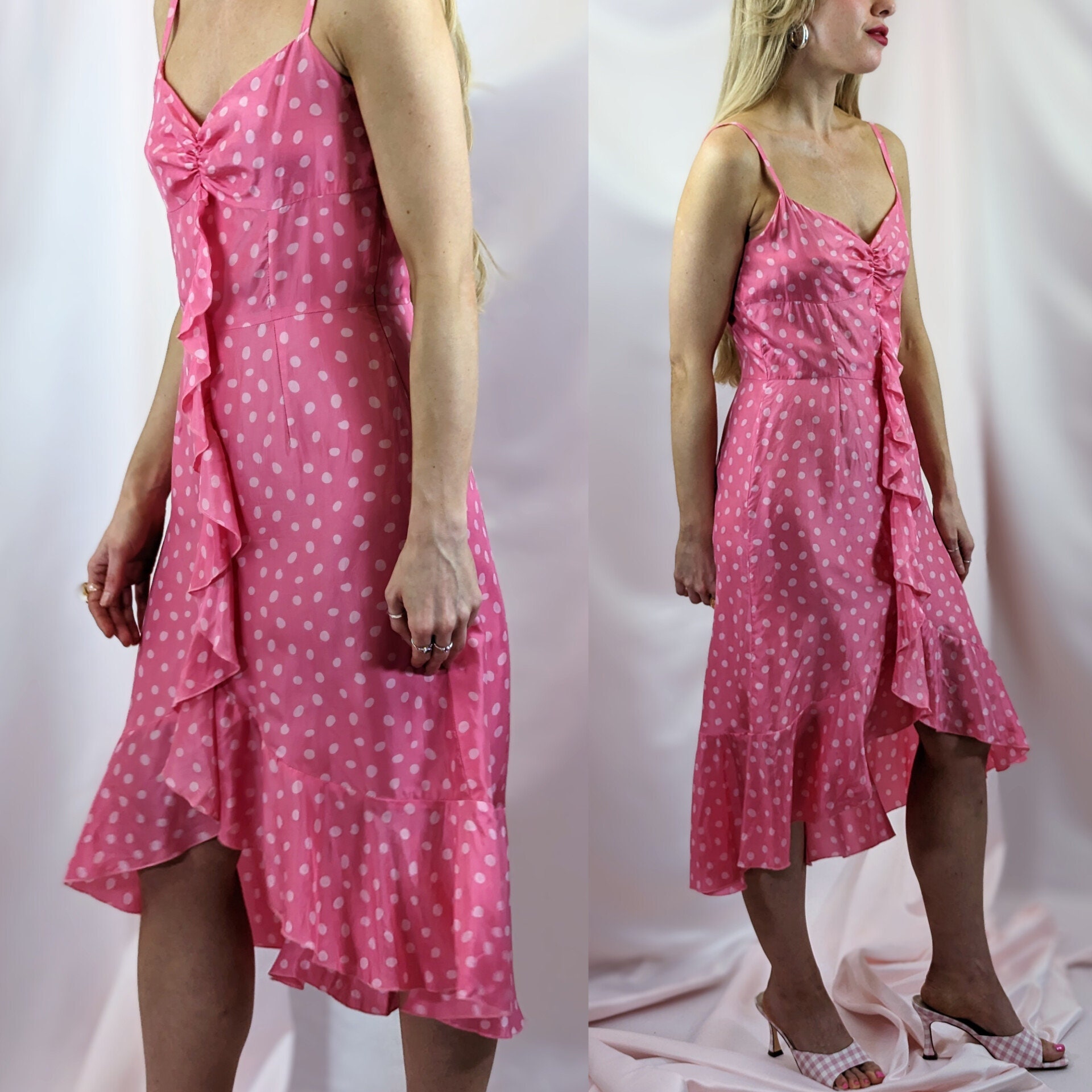 knee length dresses for ladies Layered Bra-Detail Fishtail Midaxi Dress in Pink Polka Dot - 4