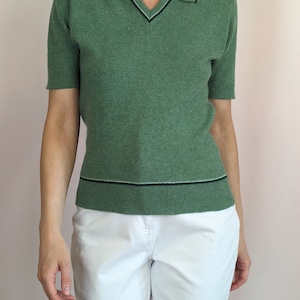70s vintage short sleeve knitted sweater top/ dusty green/ collared/ MOD/ casual/ preppy/ wool/ angora size S image 8