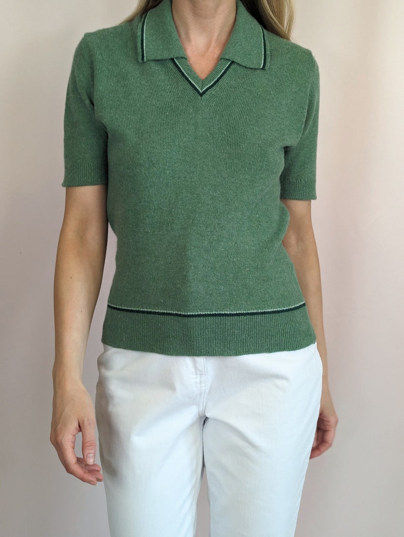 70s vintage short sleeve knitted sweater top/ dusty green/ collared/ MOD/ casual/ preppy/ wool/ angora size S image 8