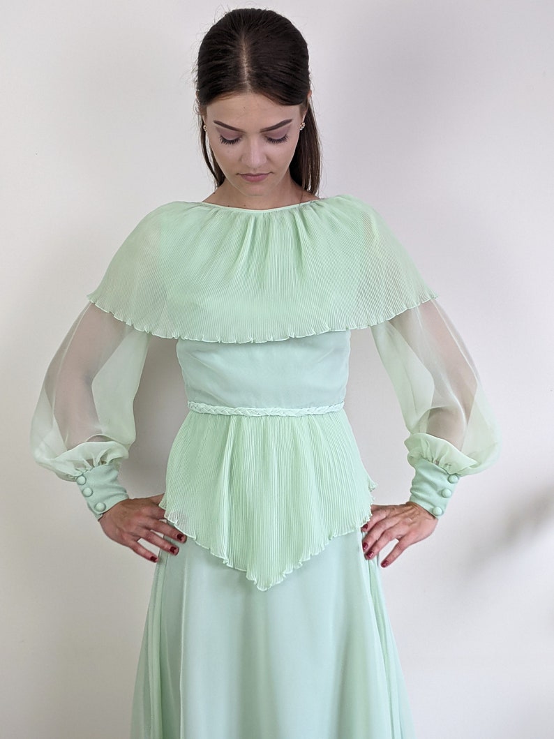 Vintage 1970s John Charles pastel mint green maxi chiffon dress size S/XS sheer bell sleeves cape collar image 2