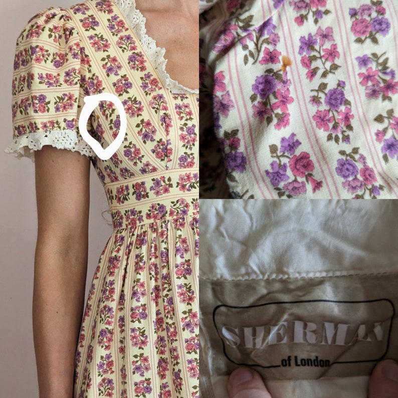 70s vintage Sherman of London maxi puffy sleeve romantic floral dress/ cotton/ Summer/ cottagecore/ lace trims/ A line/ size XS image 10