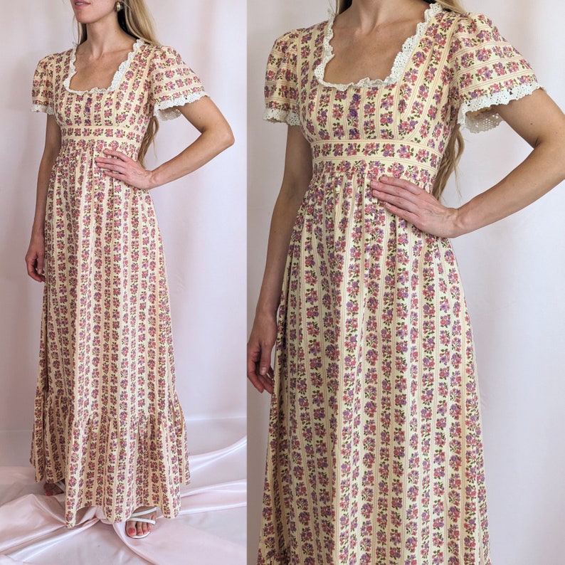 70s vintage Sherman of London maxi puffy sleeve romantic floral dress/ cotton/ Summer/ cottagecore/ lace trims/ A line/ size XS image 8