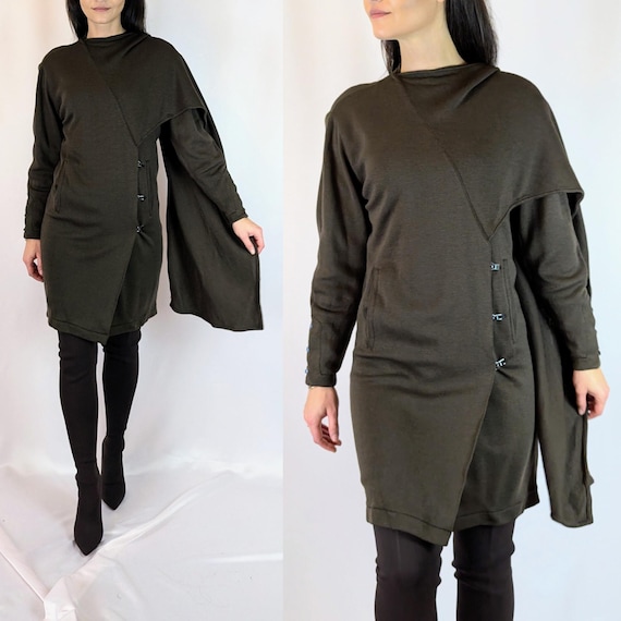 Claude Montana, 90s vintage designer Claude Montana 100% wool cardigan with shawl/ khaki/ Winter Autumn/ avantgarde/ unique/ minimalist/ pockets/ size S