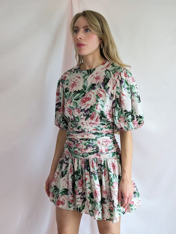 80s silk vintage multicolour mini floral dress/ p… - image 4