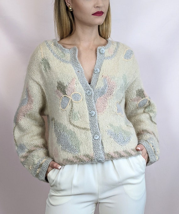 True Vintage 1990s Mohair Blend Soft Cozy Cute Pastel Cardigan by