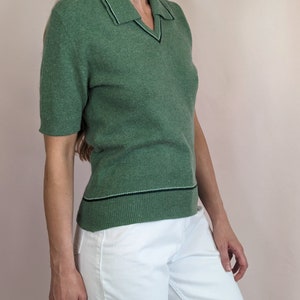 70s vintage short sleeve knitted sweater top/ dusty green/ collared/ MOD/ casual/ preppy/ wool/ angora size S image 4