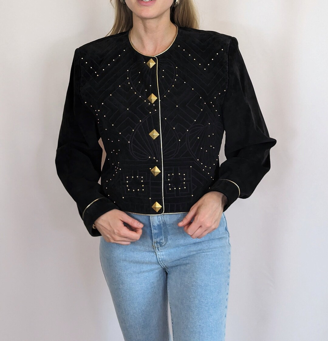 80s Vintage Suede Leather Black Cropped Jacket With Gold Tone 