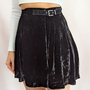 y2k 00s vintage Blumarine black velvet mini pleated skirt with diamante buckle/ high waist/ school girl/ glam/ chic/ rayon/ size S image 7