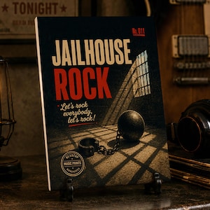 May include: A rectangular print featuring the text Jailhouse Rock in large beige and red letters. Below, the text reads Let's rock everybody, let's rock! The image shows a metal ball and chain on a floor with shadows cast by a barred window.