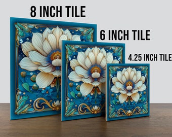 Art Nouveau, 1920s Style Floral Design #50 on a Glossy Ceramic Decorative Tile - Ocean Dream Palette: Navy Blue, Sky Blue & Ssandy Beige
